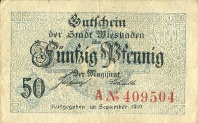 Notgeld Gutschein der Stadt Wiesbaden (Hessen - Allemagne) - 50 pfennige - s�rie A - n� 409504 - Septembre 1919 - face