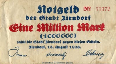 Notgeld der Stadt Zirndorf (Bayern - Allemagne) - 1&nbsp;000&nbsp;000&nbsp;mark - 15&nbsp;ao�t&nbsp;1923 - n�&nbsp;77372 - face
