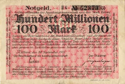 Notgeld der Stadt Zittau (Sachsen - Allemagne) - 100&nbsp;000&nbsp;000&nbsp;mark - 28&nbsp;septembre&nbsp;1923 - n�&nbsp;52373 - face