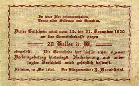 Notgeld Abstetten - (Autriche) - 20 heller - émission de mai 1920 - dos