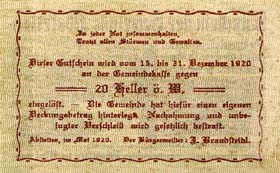 Notgeld Abstetten - (Autriche) - 20 heller - �mission de mai 1920 - dos