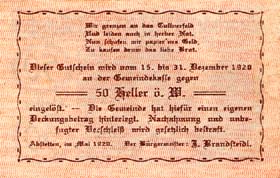 Notgeld Abstetten - (Autriche) - 50 heller - �mission de mai 1920 - dos