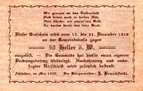 Notgeld Abstetten - (Autriche) - 50 heller - émission de mai 1920 - dos