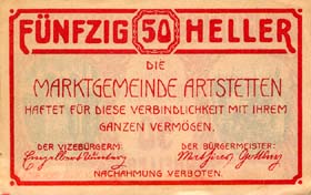 Notgeld Artstetten ( Autriche ) - 50 heller - valable jusqu'au 31 décembre 1920 - dos