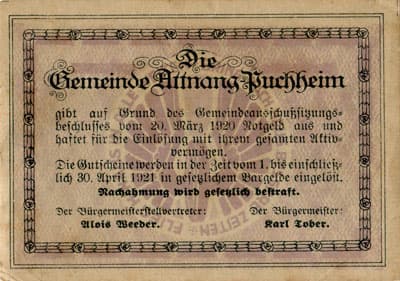 Gutschein der Gemeinde Attnang-Puchheim (Autriche) - 50 heller - 1&nbsp;avril&nbsp;1920 - dos
