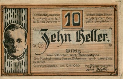 Notgeld Aurolzm�nster (Autriche) - 10 heller - 9 avril 1920 - dos
