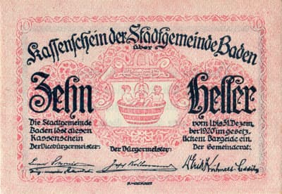 Kassenschein der Stadtgemeinde Baden (Autriche) - 10 heller - 1 d�cembre 1920 - face