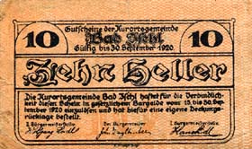Notgeld Bad Ischl ( Autriche ) - 10 heller - émission du 6 avril 1920 - face