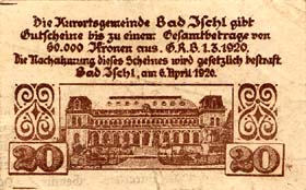 Notgeld Bad Ischl ( Autriche ) - 20 heller - émission du 6 avril 1920 - dos