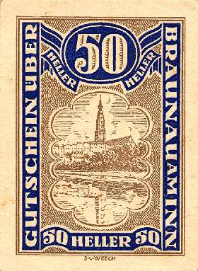 Notgeld Braunau am Inn ( Autriche ) - 50 heller - valable jusqu'au 31 décembre 1920 - face