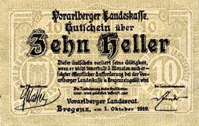 Notgeld Bregenz ( Autriche ) - 10 heller - émission du 1er octobre 1919 - face
