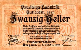 Notgeld Bregenz ( Autriche ) - 20 heller - émission du 1er octobre 1919 - face