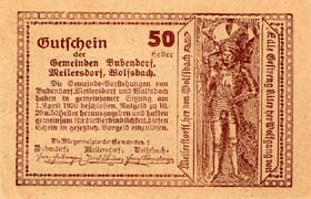 Notgeld Bubendorf, Meilersdorf, Wolfsbach ( Autriche ) - 50 heller - émission du 1er avril 1920 - dos