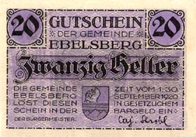 Notgeld Ebelsberg ( Autriche ) - 20 heller - émission de septembre 1920 - dos