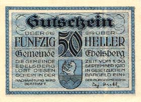 Notgeld Ebelsberg ( Autriche ) - 50 heller - émission de septembre 1920 - dos