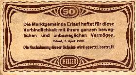 Notgeld Erlauf im Nibelungengau ( Autriche ) - 50 heller - émission du 5 avril 1920 - dos