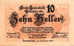 Notgeld Innsbruck ( Autriche ) - 10 heller - émission du 1er septembre 1919 - face