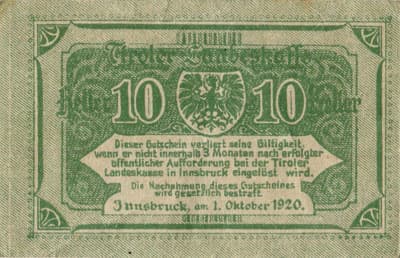 Tiroler Landeskasse - Innsbruck (Autriche) - 10 heller - 1&nbsp;octobre&nbsp;1920 - dos