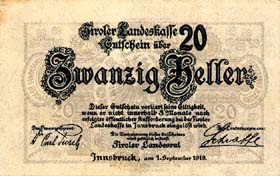 Notgeld Innsbruck ( Autriche ) - 20 heller - émission du 1er septembre 1919 - face