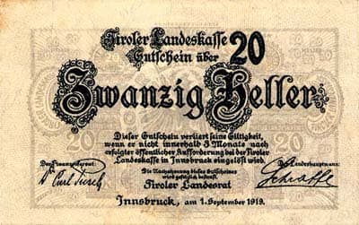 Tiroler Landeskasse - Innsbruck (Autriche) - 20 heller - 1&nbsp;septembre&nbsp;1919 - face