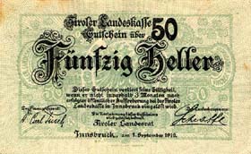 Notgeld Innsbruck ( Autriche ) - 50 heller - émission du 1er septembre 1919 - face