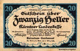 Notgeld Kärntner ( Autriche ) - 20 heller - Emission du 3 mars 1920 - face