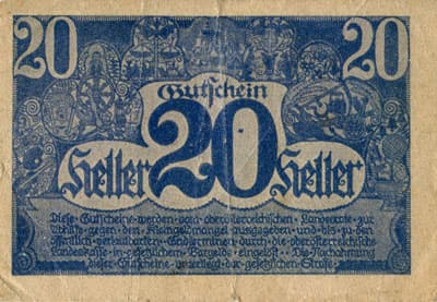 Gutschein des Landes Ober�sterreich - Linz (Autriche) - 20 heller - 1er mars 1920 - type bleu - dos