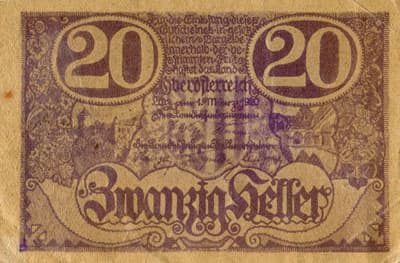 Gutschein des Landes Ober�sterreich - Linz (Autriche) - 20 heller - 1er mars 1920 - type violet - face