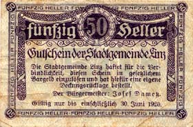 Notgeld Linz ( Autriche ) - 50 heller - valable jusqu'au 30 juin 1920 - face