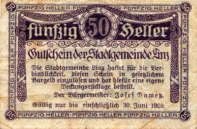 Gutschein der Stadtgemeinde&nbsp;Linz (Autriche) - 50 heller - valable jusqu'au 30 juin 1920 - face
