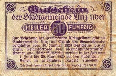 Gutschein der Stadtgemeinde&nbsp;Linz (Autriche) - 50 heller - valable jusqu'au 30 juin 1920 - dos