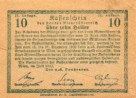 Notgeld Land Nierderösterreich ( Autriche ) - 10 heller - émission de juillet 1920 - dos