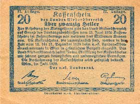 Notgeld Land Nierderösterreich ( Autriche ) - 20 heller - émission de juillet 1920 - dos