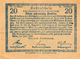 Notgeld Land Nierder�sterreich (Autriche) - 20 heller - �mission de juillet 1920 - dos