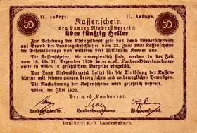 Notgeld Land Nierder�sterreich (Autriche) - 50 heller - �mission de juillet 1920 - dos