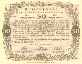 Notgeld Land Nierderösterreich ( Autriche ) - 50 heller - émission de mai 1920 - dos