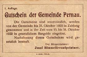Notgeld Pernau ( Autriche ) - 20 heller - valable jusqu'au 31 octobre 1920 - dos