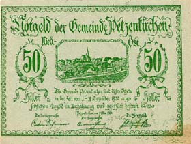 Notgeld Petzenkirchen ( Autriche ) - 50 heller - émission du 25 mai 1920 - dos