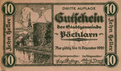 Gutschein der Stadtgemeinde P�chlarn (Autriche) - 10 heller - 3�me&nbsp;�mission - 1920 - face
