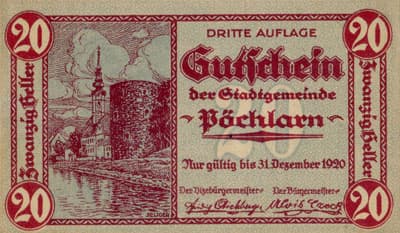 Gutschein der Stadtgemeinde P�chlarn (Autriche) - 20 heller - 3�me&nbsp;�mission - 1920 - face