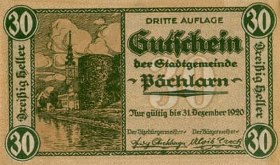 Gutschein der Stadtgemeinde P�chlarn (Autriche) - 30 heller - 3�me&nbsp;�mission - 1920 - face