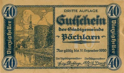 Gutschein der Stadtgemeinde P�chlarn (Autriche) - 40 heller - 3�me&nbsp;�mission - 1920 - face