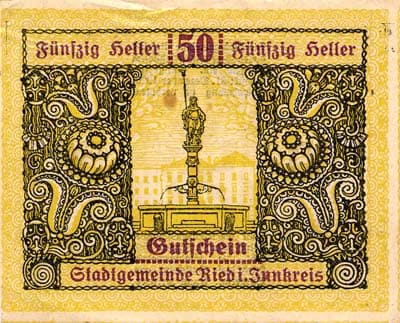 Notgeld Ried im Innkreis (Autriche) - 50 heller - valable jusqu'au 31 d�cembre 1920 - face