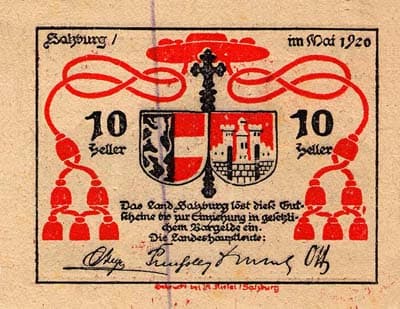 Notgeld Salzburg (Autriche) - 10 heller - �mission de mai 1920 - dos