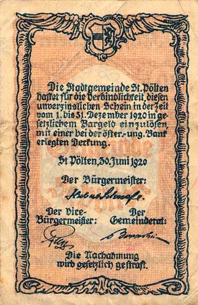 Notgeld Sankt P�lten (Autriche) - 10 heller - 30 juin 1920 - dos