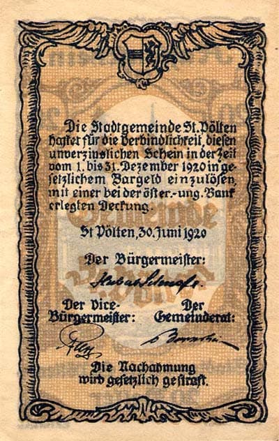 Notgeld Sankt P�lten (Autriche) - 20 heller - 30 juin 1920 - dos