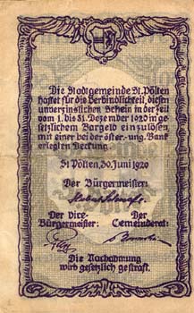 Notgeld Sankt Pölten ( Autriche ) - 50 heller - émission du 30 juin 1920 - dos