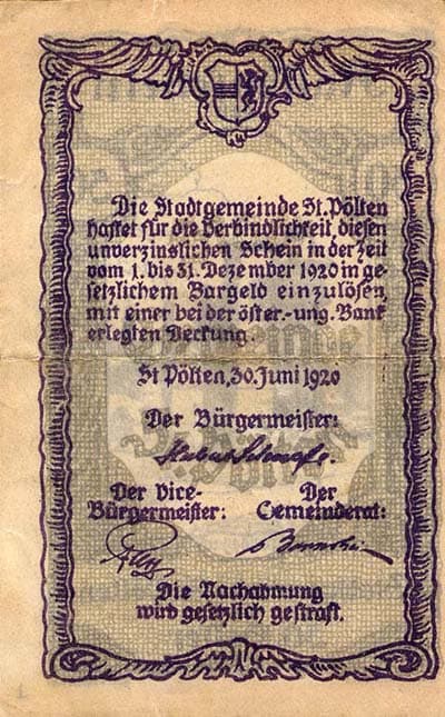Notgeld Sankt P�lten (Autriche) - 50 heller - 30 juin 1920 - dos