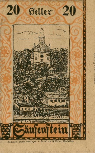 Gutschein der Gemeinde S�usenstein (Autriche) - 20 heller - valable jusqu'au 30&nbsp;d�cembre&nbsp;1920 - face