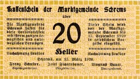 Notgeld Schrems ( Autriche ) - 20 heller - émission du 15 mars 1920 - face